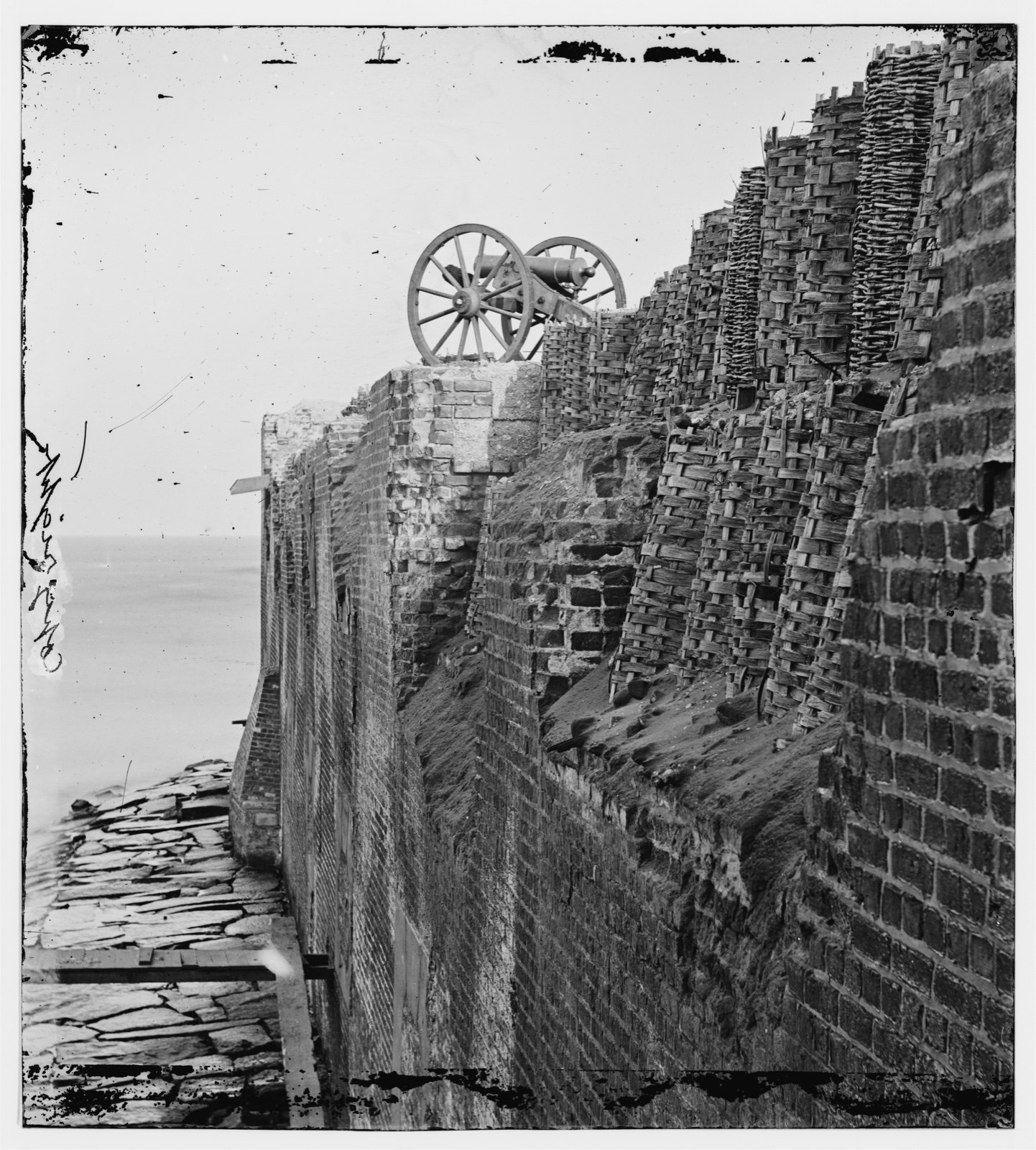 Breach Patched with Gabions, North Wall, original black and white